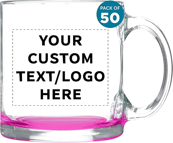 Custom Libbey Clear Glass Coffee Mugs 13 oz. Set of 50, Personalized Bulk Pack - Perfect for Coffee, Tea, Espresso, Hot Cocoa, Other Beverages - Pink Bottom