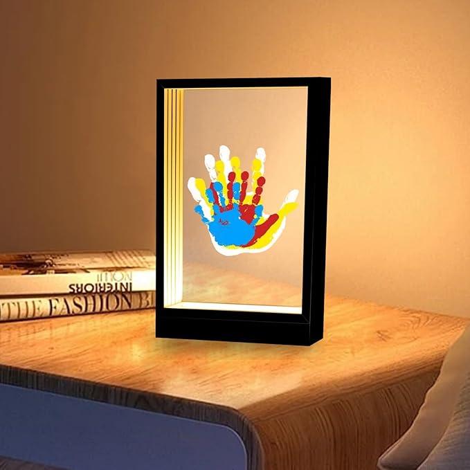 CHERRY CHEERS Family Handprint Kit with Light, Handprint Keepsake Frame, Wooden Led Light, Easy Install, No Need Screw etc, Non-Toxic Paints (Black)