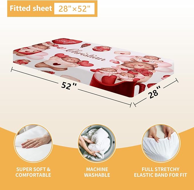 Custom Crib Bedding Set, 5 Pcs Personalized Name Nursery Bedding Set with Double Layer Flannel Blanket, Heart & Bear Baby Crib Set for Girls Boys, Customized Gifts for Infants Babies Toddlers
