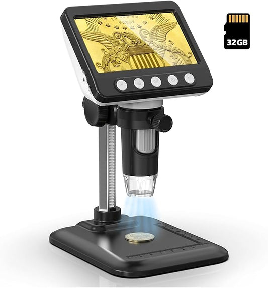 Coin Microscope, 4.3" LCD USB Digital 1000X Coin Magnifier with 8 Adjustable LED Lights, 1080P PC View Compatible with Windows/MacBook for Adults Kids