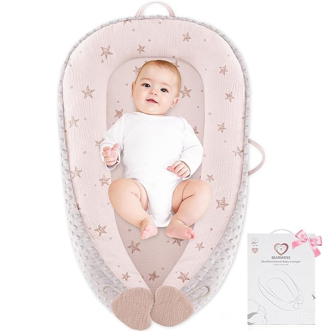 Baby Lounger - Infant Lounger Pillow for Newborn 0-24 Months, Soft, Breathable & Portable Baby Lounger Pillow for Boys & Girls, Cozy Baby Floor Seat for Home & Travel (Pink Star)