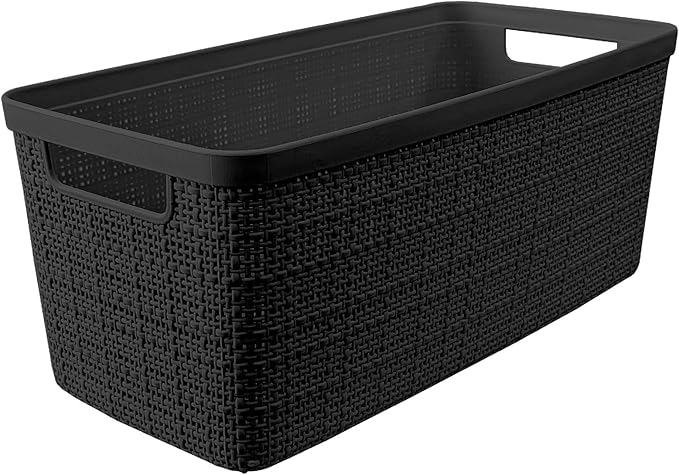 Curver Set of 8 Jute Slim Decorative Plastic Organization and Storage Baskets, Perfect Bins for Home Office, Closet Shelves, Kitchen Pantry and All Bedroom Essentials, Black