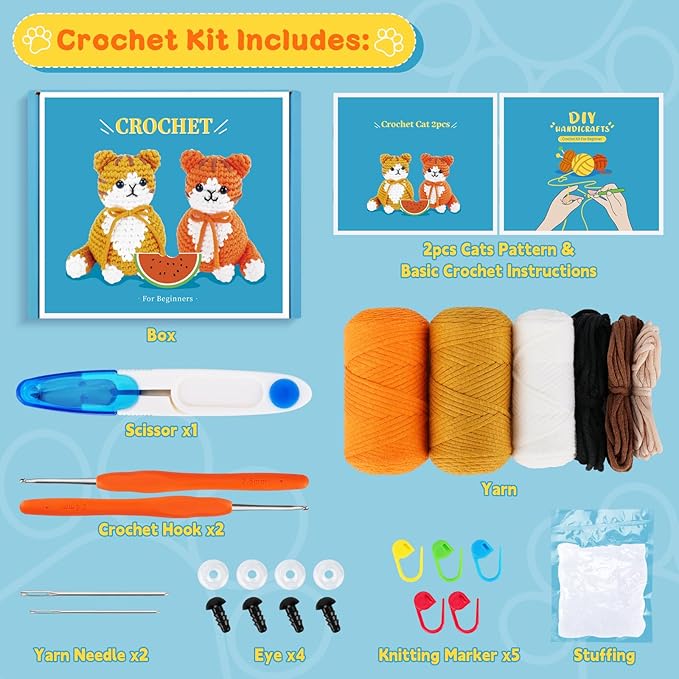 Crochet Kit for Beginners, 2PCS Cat Crochet Animal Kit with Step-by-Step Video Tutorials, Beginner Crochet Kit for Adults, Crochet Starter Kit for Kids, Learn to Crochet, Stuffed Animal Knitting Kit
