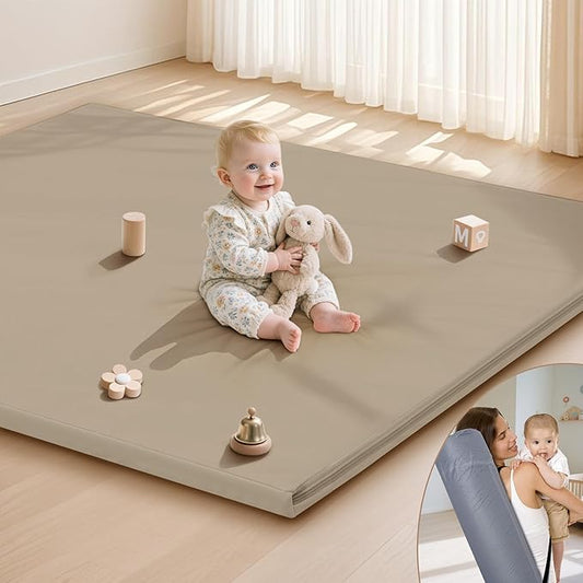 Baby Play Mat 47x47 Inches, Extra Thick 1.2" Foam Floor Mat for Tummy Time & Crawling, Waterproof Non-Slip Faux Leather Playpen Mat for Infants Toddlers, Indoor Outdoor Gym Activity, Brown