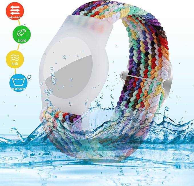 Bracelet for Kids Compatible with AirTag, Nylon Stretch Braided Air Tag Wristband, Protective Case for Airtag GPS Tracker Holder, Adjustable Elastic Watch Band for Toddler Child Elder (Rainbow)