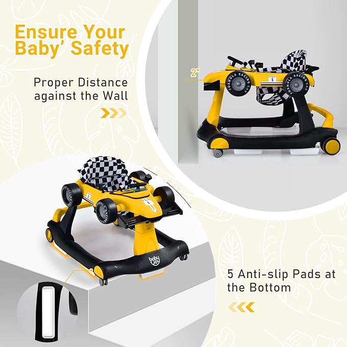 BABY JOY 4-in-1 Baby Walker, Foldable Activity Walker with Adjustable Height & Speed, Music, Lights, Anti-Rollover, Toddler Push Walker, Baby Walker with Wheels for Boys Girls 6-18 Months (Yellow)