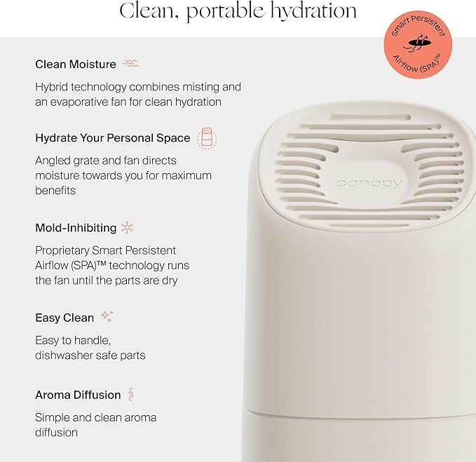 Canopy Portable Misting Humidifier - Cordless 11 HR Run Time, 500 mL, TSA Approved Travel Humidifier - Alleviate Symptoms of Allergies, Flu, Cold, Dry Skin - Includes Aroma & Adapter - Cream