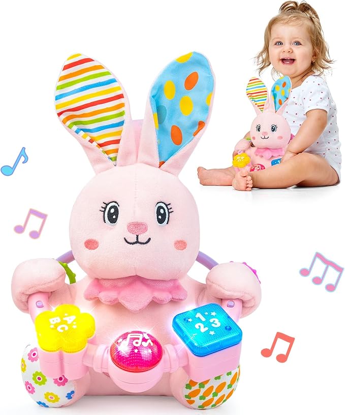 Baby Rabbit Musical Stuffed Animals Toy,Infant Bunny Bilingual Early Learning Education Toy with Light-Up Music & Crinkle,1st Easter Basket Shower Stuffers for 0 1 2 3 6 9 12 18 Month Girl,Pink