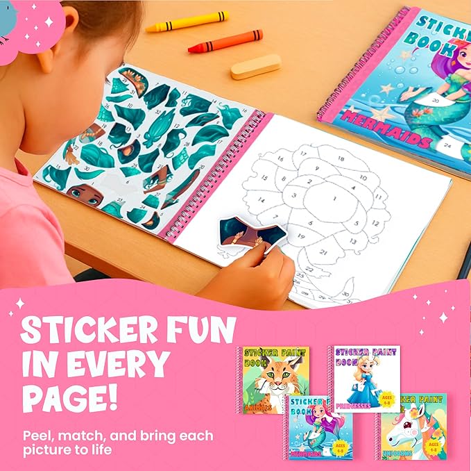 BulbaCraft 4Pcs Sticker Paint Books for Girls - Sticker Books by Number with Mermaids, Princesses, Animals and Unicorns - Coloring Activity for Kids