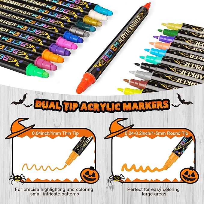 Betem 48 Colors Dual Tip Acrylic Paint Pens Markers, Premium Acrylic Paint Pens for Halloween Decorations, Wood, Canvas, Stone, Rock Painting, Glass, Ceramic Surfaces, Pumpkin Painting Kit DIY Crafts