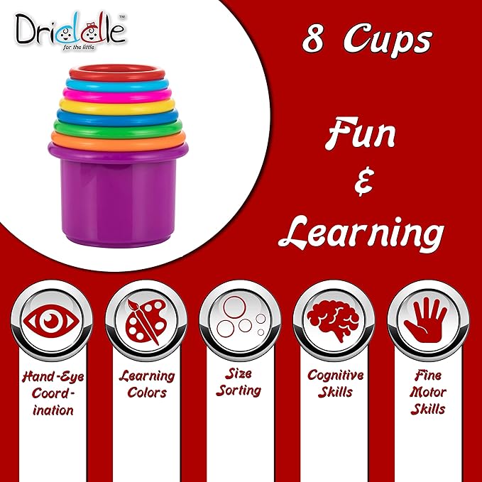 Colorful Stacking & Nesting Cups - 8 Cups Fun Color Learning Toy - Great Bath & Beach Toy for Baby Toddler & Kids - Preschool Game
