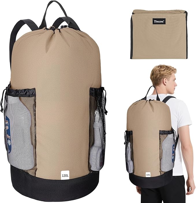 BALEINE 120L Laundry Bag Backpack, 900D Oxford Fabric Large Travel Laundry Bags with Shoulder Straps and 2 Mesh Pockets for College Dorm, Apartment, Laundromat (Khaki, 120L)