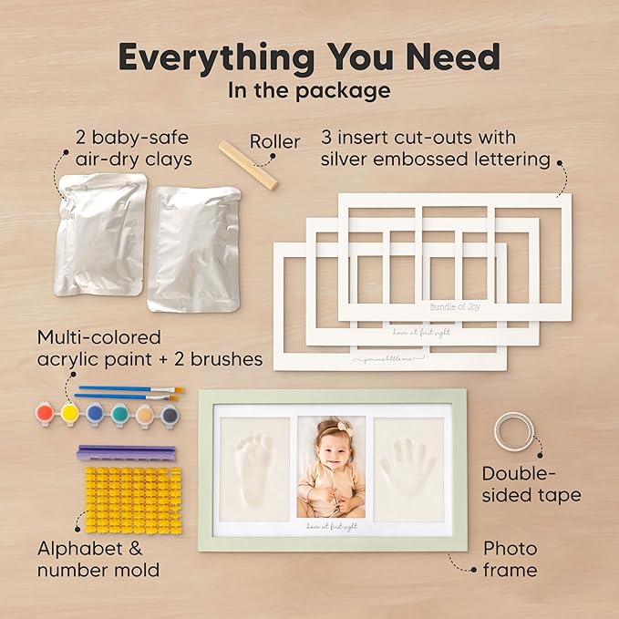 Baby Hand and Footprint Kit - Clay Handprint Keepsake Frame, Newborn Nursery Picture Frame, Personalized New Mom Gifts for Baby Shower & Registry (Sage)