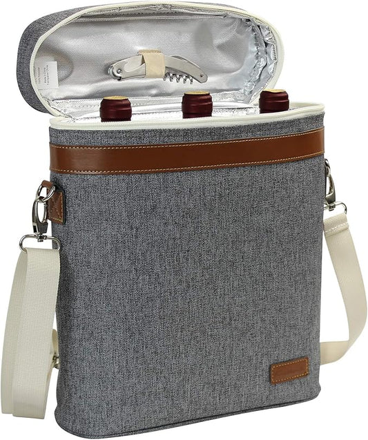 3 Bottle Insulated Wine Tote Carrier Bag, Portable Travel Padded Wine Cooler - Corkscrew Opener, Handle and Adjustable Shoulder Strap, Wine Lover Travel Picnic Party Wedding Wine Tote Grey