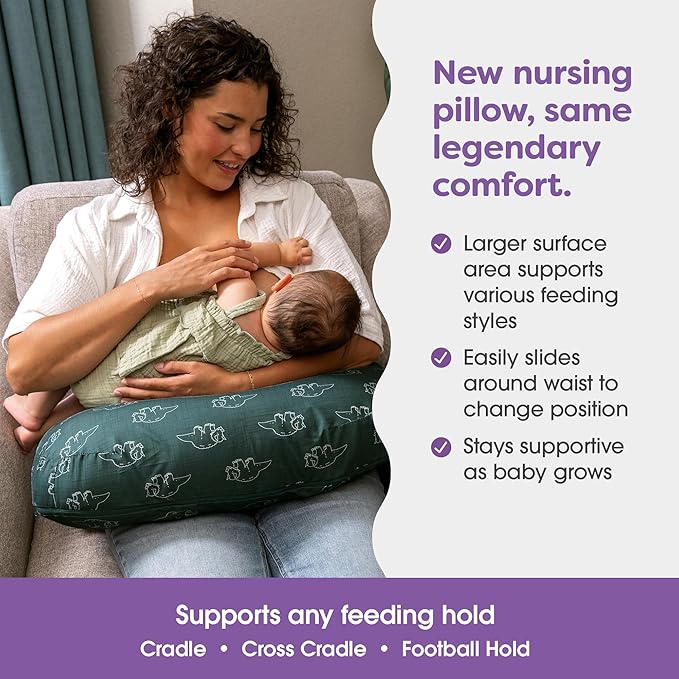 Boppy Nursing Pillow - Ergonomic Bottle & Breastfeeding Pillow with High, Firm, Large Area, Water-Repellent Cushion with Washable Cover; Baby Safety Alliance Verified - Forest Green Dinos