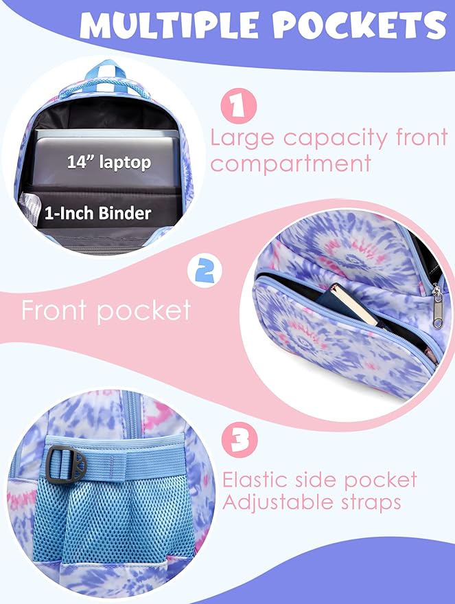 BLUEFAIRY Kids Backpack for Girls Elementary Primary Middle School Bags for Aged 8-10 for Teens Childs Bookbags Back to School Book Bags Cute Mochilas para Niñas Tie-dye Violet