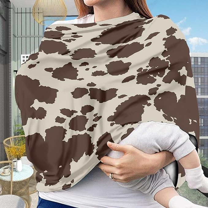 Binienty Baby Car Seat Covers Nursing Cover Soft Stretch Breastfeeding Scarf, Animal Brown Cow Stripe Print, Baby Infants Canopies