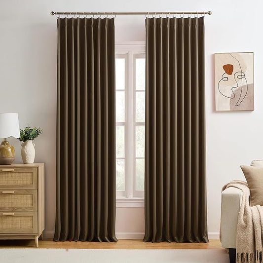 KEQIAOSUOCAI Brown Pinch Pleated 60 Inch Wide Curtains 60 x 102, Thermal Insulated Noise Cancelling Living Room Office Drapes 102 Inches Long, Patio Sliding Glass Door Window Curtain 2 Panels