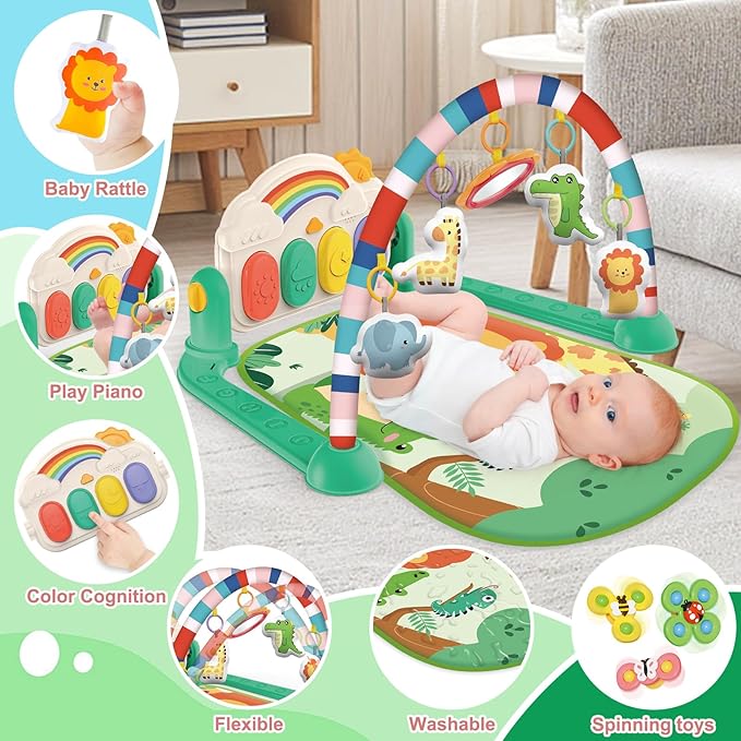 Baby Gyms Play Mats, Tummy Time Mat Toys, Infant Play Mat and Activity Gym, Baby Play Piano Gym Mat, Play Mats for Babies Newborns and Toddlers, Baby Activity Mat Toys 0-3-6-12 Months (Green)