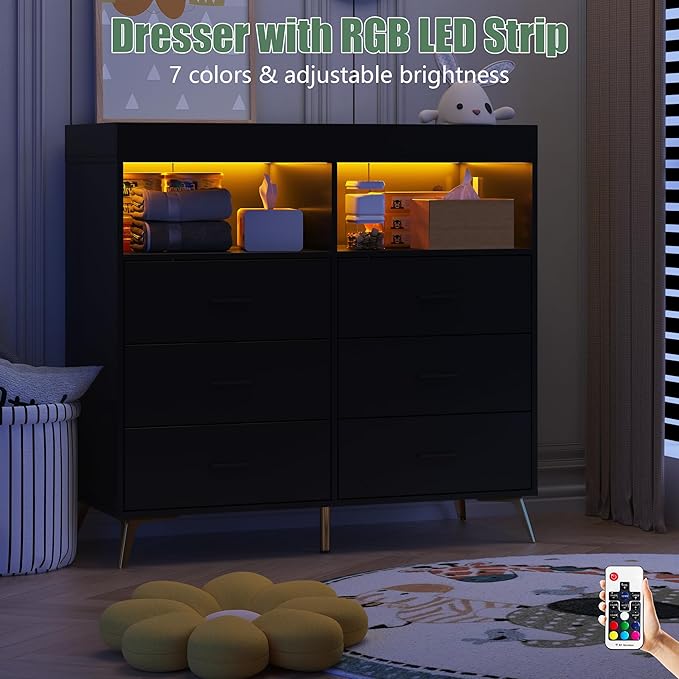 Changing Table Dresser with Drawers, Baby Dresser with Changing Table Top, Power Outlet, LED Light & Metal Feet, Diaper Changing Station Nursery Organizer for Infants Newborn, Black