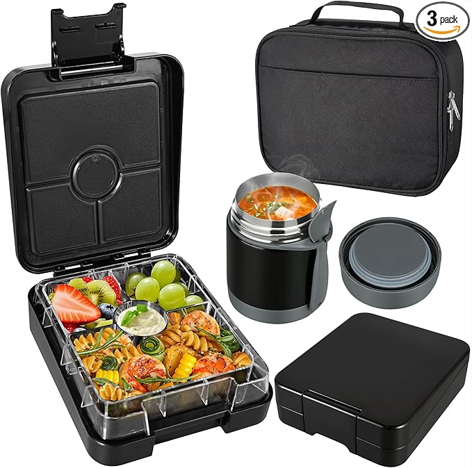 Bento Lunch Box Set With 10oz Soup Thermo, Leak-proof Lunch Containers with 4 Compartment, Kids Hot Thermo Food Jar/Insulation Lunch Bag, Food Containers for School (Black)