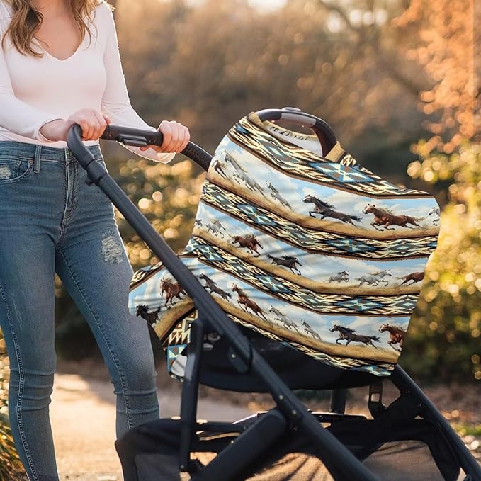 Binienty Car Seat Covers Canopy Cover for Babies, Western Aztec Horse Nursing Carseat Canopy Multifunction Breastfeeding Covers Fits Stroller, High Chair, Shopping Cart