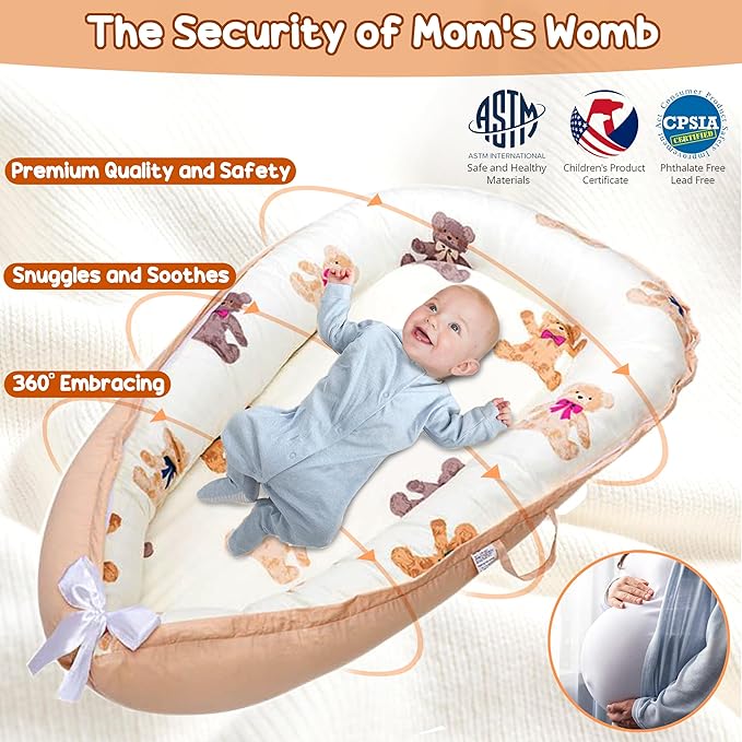 Baby Lounger - Baby Lounger for Newborn 0-24 Months, Breathable, Soft Cotton Baby Nest, Portable Infant Lounger for Home & Travel, Newborn Essentials Gift (Ivory Bear)