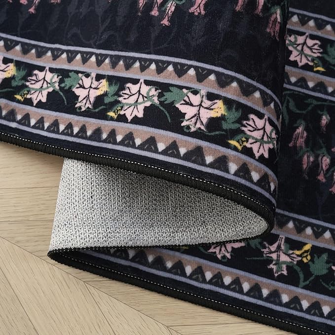 Circle Rug Impressionist-Style Vintage Round Rug 4ft Non Slip Low Pile Small Circular Rug for Bedroom Bathroom Entryway Kids Room Office College Dorm, Black