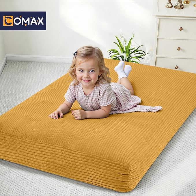 COMAX Kids Bean Bag Chair Turn into Beanbag Bed, Toddler Bean Chair Corduroy for Girl Boy Sleeping, Lazy Children Bean Bags with Filler, Convertible Child Floor Mattress, Yellow