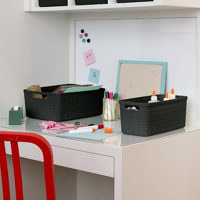 Curver Set of 8 Jute Slim Decorative Plastic Organization and Storage Baskets, Perfect Bins for Home Office, Closet Shelves, Kitchen Pantry and All Bedroom Essentials, Black