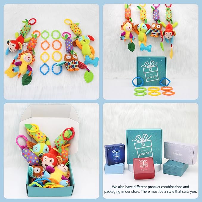 Bloobloomax Baby Soft Hanging Rattle, Car Seat Stroller Toys with Plush Animal C-Clip Ring for Infant Babies Boys and Girls 3 6 9 to 12 Months (12PCS-A)