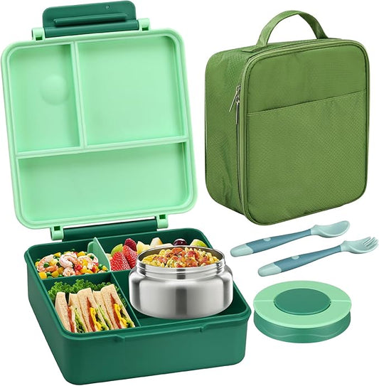 Bento Lunch Box for Kids with 8oz Soup Thermo&Lunch Bag, Leak-Proof Lunch Food Containers with 4 Compartment, Hot Food Insulated Food Jar for Kids School (Green)