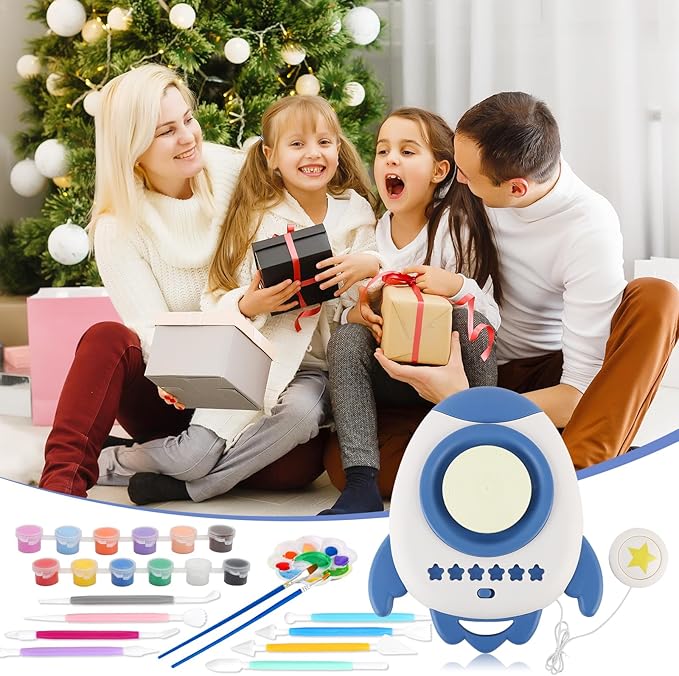 deAO Pottery Wheel for Kids Complete Painting Set for Beginners Mini Pottery Wheel Kit with Air Dry Clay Tools, Arts & Crafts Clay Wheel Toys Birthday Gifts for Girls Boys Age 3+ (Blue)