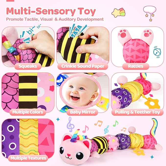 Baby Sensory Toys 0-6 6-12 Months, Musical Animal Stuffed Plush Unicorn Cat Toy for Infant 0-3-6 Months & Up, Tummy Time with Mirror Crinkle Rattle, Christmas Baby Shower Gifts for Newborn Boys Girls