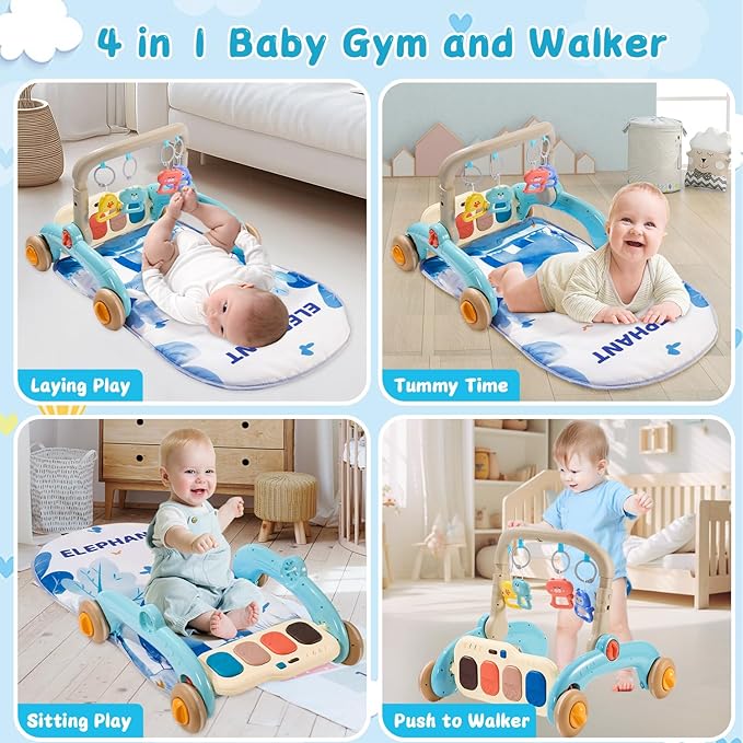 Baby Play Gym Walker Kick and Play Piano Gym for Boys Girls Play Mat Musical Tummy Time Mat Infant Christmas Newborn Gifts Toddlers (Elephant Upgraded)