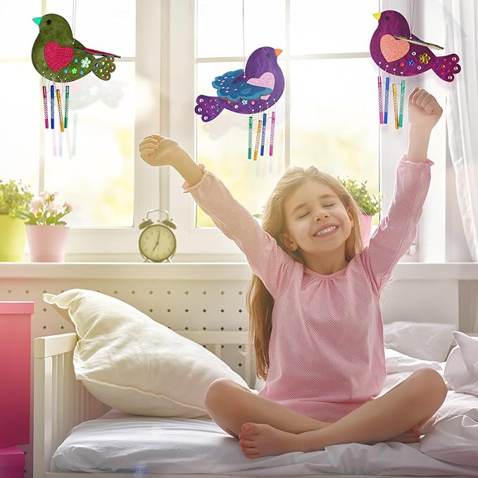 ArtCreativity DIY Wind Chime Kit for Kids - 8 Pack - Wooden Wind Chime Set with Paint Kit, Rhinestone Flower Stickers, Glitter Heart Foam Stickers, and More - Summer Arts and Crafts for Kids 3 and Up