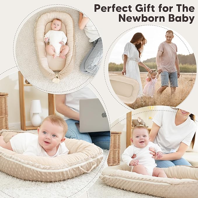 Baby Lounger - Infant Lounger Pillow for Newborn 0-24 Months, Soft, Breathable & Portable Baby Lounger Pillow for Boys & Girls, Cozy Baby Floor Seat for Home & Travel (Beige)