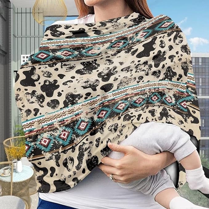 Binienty Aztec Cow Print Nursing Cover for Newborns Girls Boys, Stretchy Breathable Baby Car Seat Covers Infants Canopies