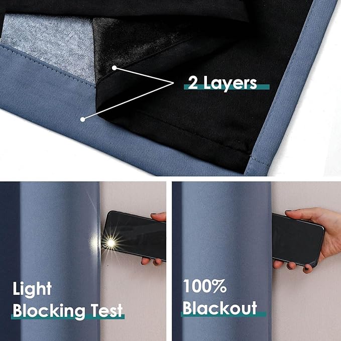 ChrisDowa 100% Blackout Curtains 84 inch Long for Bedroom with Black Liner, 2 Thick Layers Total Blackout Thermal Insulated Grommet Window Curtains 2 Panels Set (Stone Blue, 38 x 84 Inch)