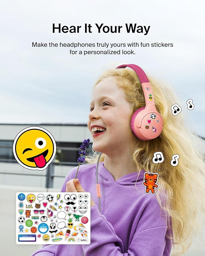 Belkin SoundForm Mini Kids Wired Headphones w/USB C to 3.5mm Dongle, Built-in Mic & Fun Stickers, 85dB Max Volume – for Online Learning, Travel, Compatible w/iPhone 16, iPad, Galaxy S25, etc - Pink