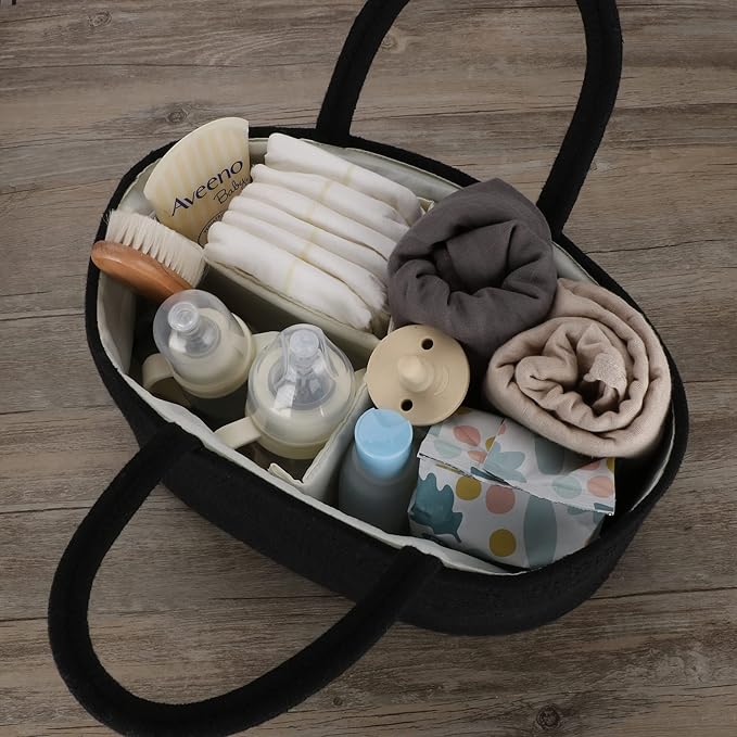 Baby Diaper Caddy Organizer for Girl Boy Cotton Rope Nursery Storage Bin Basket Portable Holder Tote Bag for Changing Table Car Travel Baby Shower Gifts Newborn Essentials Registry Must Haves Black