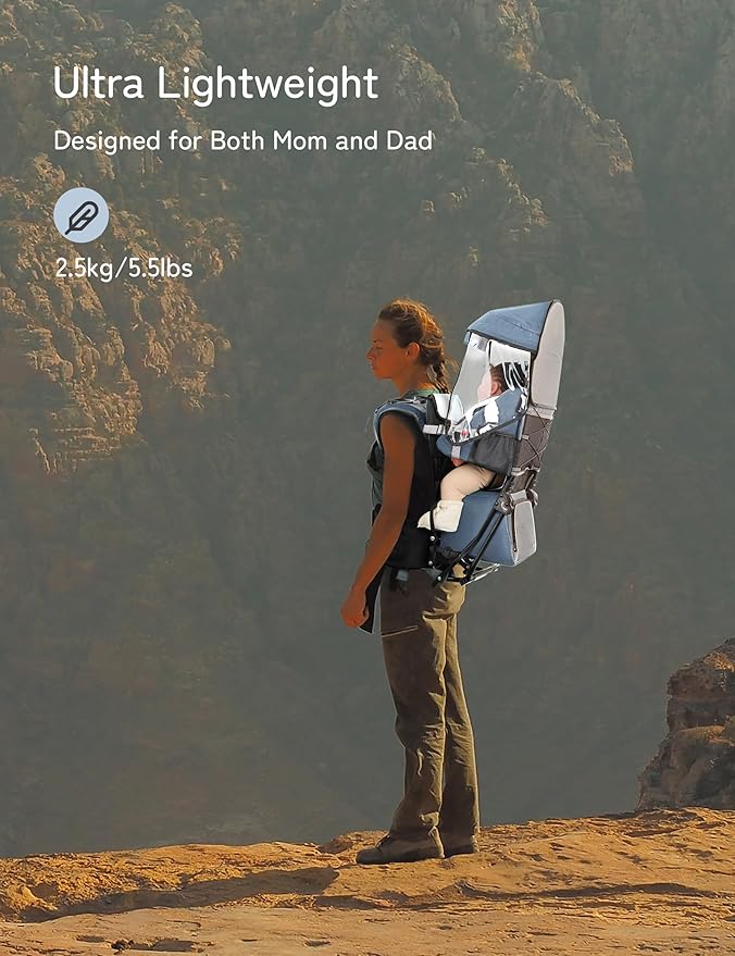 besrey Baby Backpack Carrier, Toddler Hiking Backpack with Safety 3-Height Seat, Adjustable Straps&Waist Belt, Foldable Frame Lightweight Large Capacity Child Carrier for Hiking (Haze Blue)