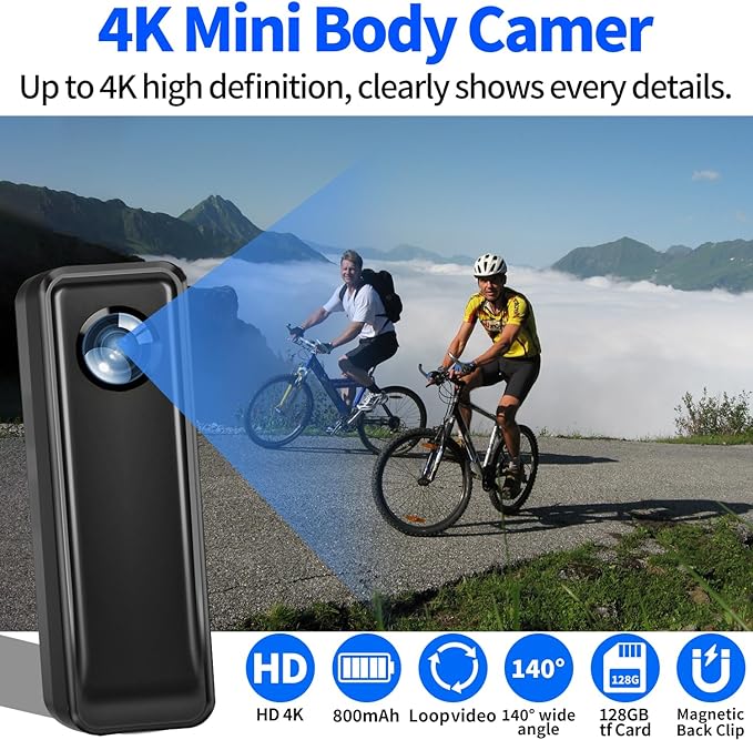 Body Camera 128GB, 4K 30FPS Action Camcorder, Hands Free Sports Camera with Magnetic Back Clip, Mini Body Cam POV Records with Audio and Video Recording for Traveling Cycling Vlogging
