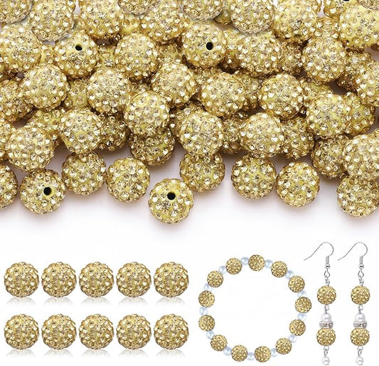 160pcs 10mm Rhinestone Beads for Jewelry Making, Light Yellow Shiny Round Disco Beads Bulk, Sparkle Crystal Clay Christmas for Bracelet Baseball Necklace Earring Crafting and DIY