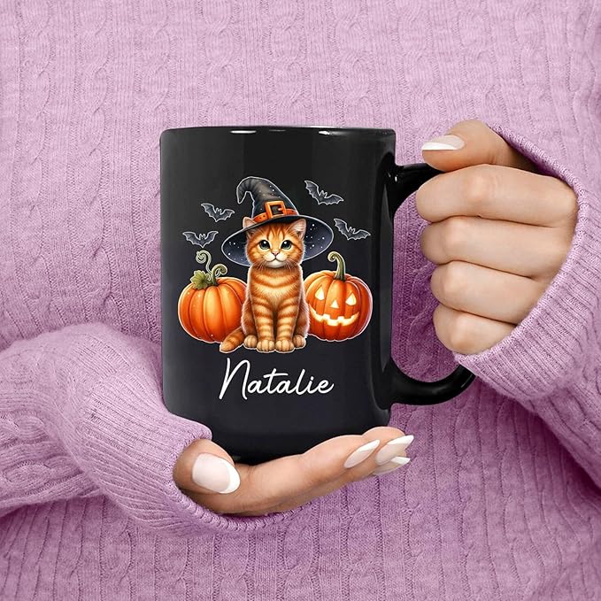 Custom Halloween Orange Tabby Coffee Cup, Personalized Name Orange Tabby with Pumpkins Ceramic Mug, Cat Witch Pumpkin Mug 11oz 15oz, Pet Cat Halloween Black Cup, Gift Idea for Pet Enthusiast
