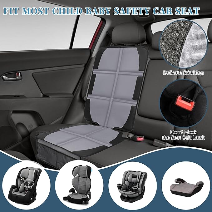 Car Seat Protector, 2 Pack Baby CarSeat Covers with Mesh Pockets & Non-Slip Backing 600D Durable Seat Protectors Under Car Seat for Baby(Gray, Large)