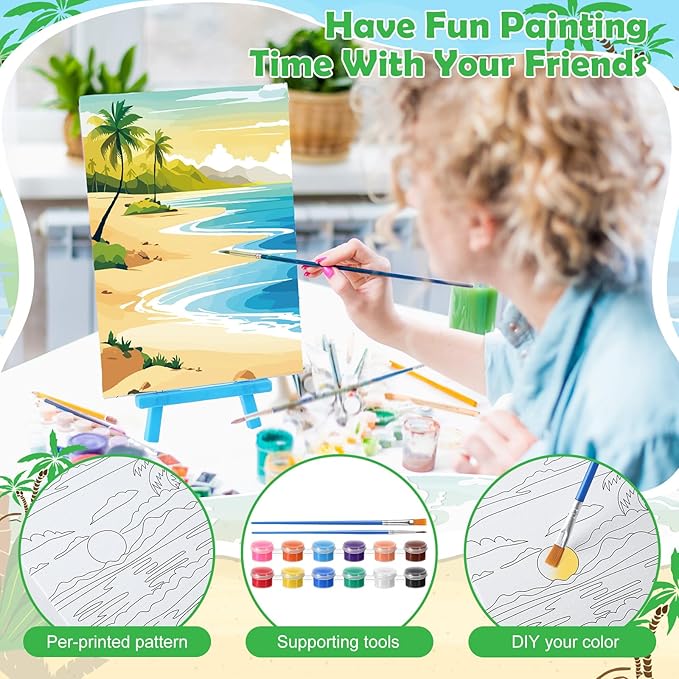 Blosssound 10 Set Pre Printed Canvas Pre Drawn Canvas Painting with Easel Kits 5" x 7" Outline Painting Panels for Beginners, DIY Craft Project, Party Favor, Home Decors(Hawaii)