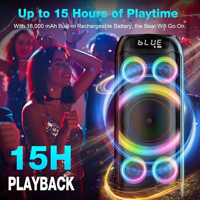Bluetooth Speaker, 160W Peak Powerful Loud Stereo Sound Deep Bass Wireless Boombox Portable Large Party Speakers with Subwoofer TWS Pairing Dynamic LED Light for Outdoor Camping Backyard Events