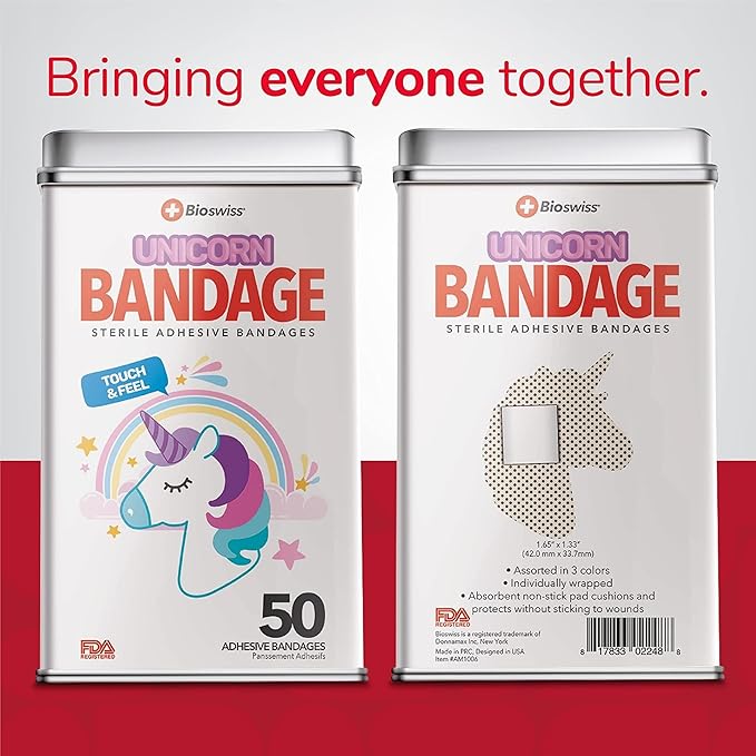 BioSwiss Bandages, Unicorn Shaped Self Adhesive Bandage, Latex Free Sterile Wound Care, Fun First Aid Kit Supplies for Kids, 50 Count