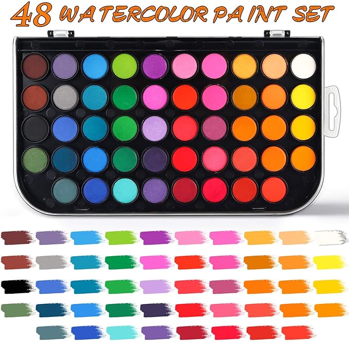 AROIC 48 Colors Watercolor Paint Set,Washable Water Color Paint KiTs with Refillable Water Brush Pens Travel Art Kit for Kids, Beginners & Artists Birthday Gift for Children & Art Lovers